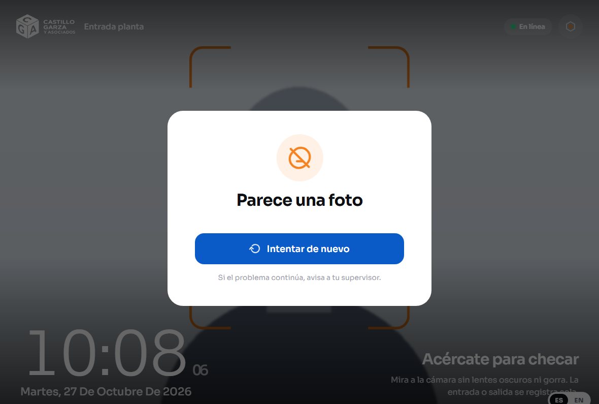 Aviso «Parece una foto» en la pantalla del checador facial al detectar un intento con una fotografía