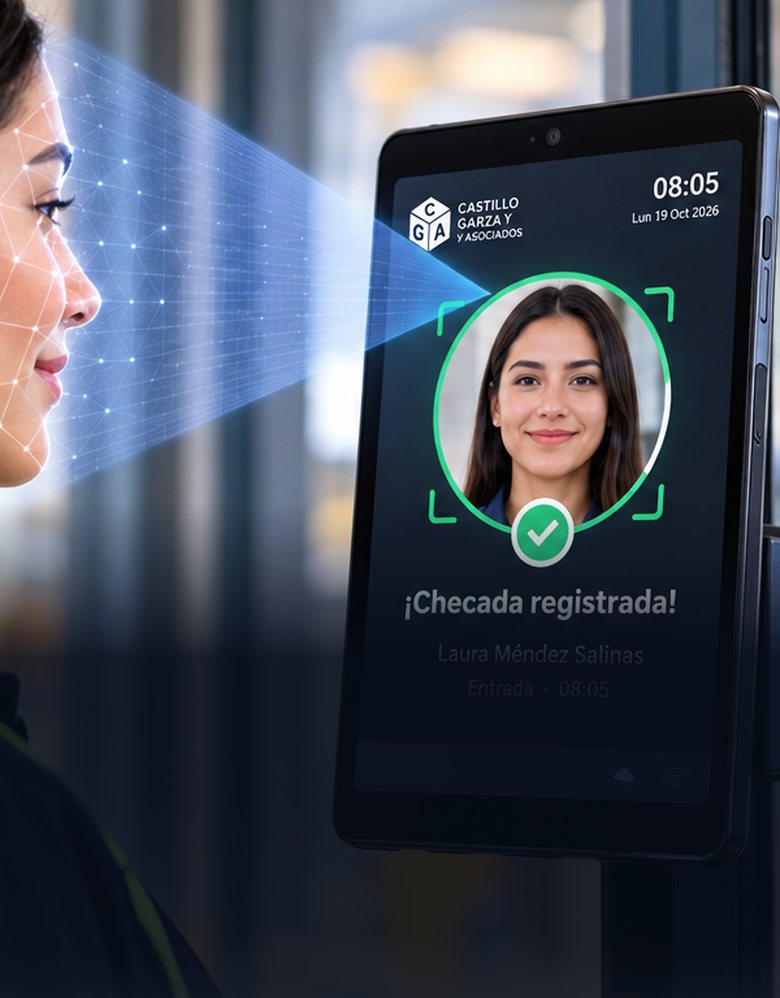 Empleada checando con reconocimiento facial en una tablet