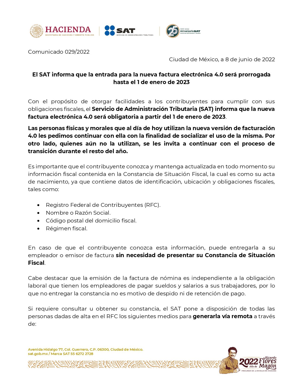 Comunicado 029/2022 del SAT - Prórroga factura 4.0